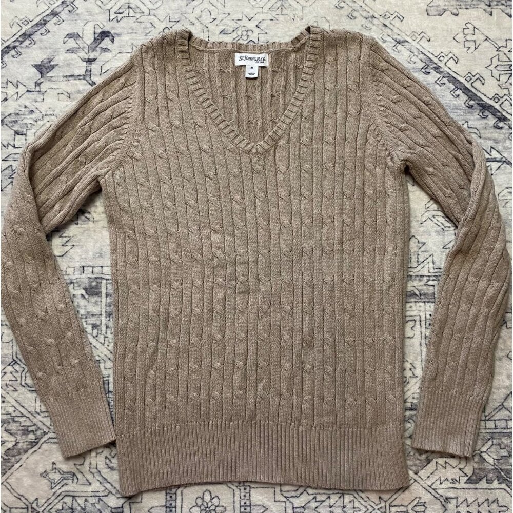 St. Johns Bay Womens V-Neck Cable Knit‎ Sweater Size Medium Beige Cotton Blend